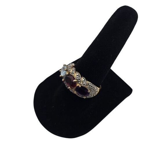 Gold Plated Sterling Silver Ring Sze 7 Amethyst Garnet Blue Topaz Diamond Accent - Picture 2 of 6